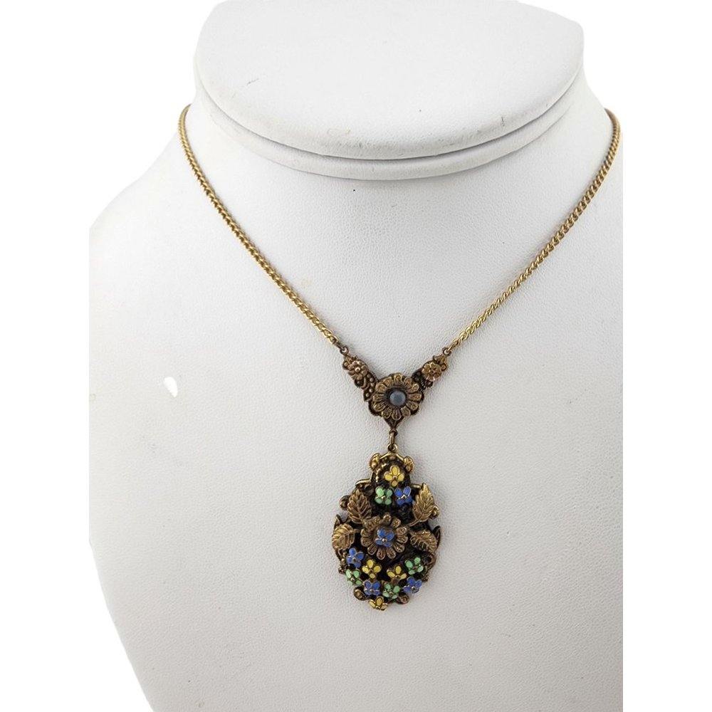 Antique Brass & Enamel Floral Pendant Necklace (A3248)